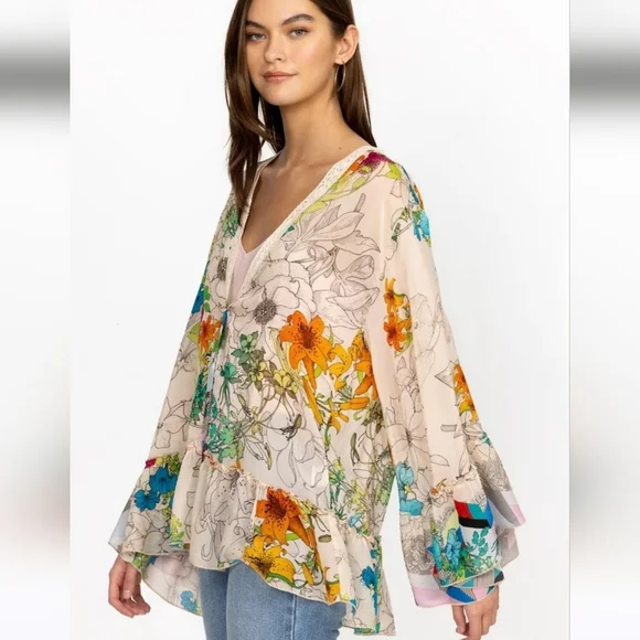 JOHNNY WAS Sequence Georgina Kimono Style Vibrant Floral Blouse NWT Size Medium - Picture 3 of 13